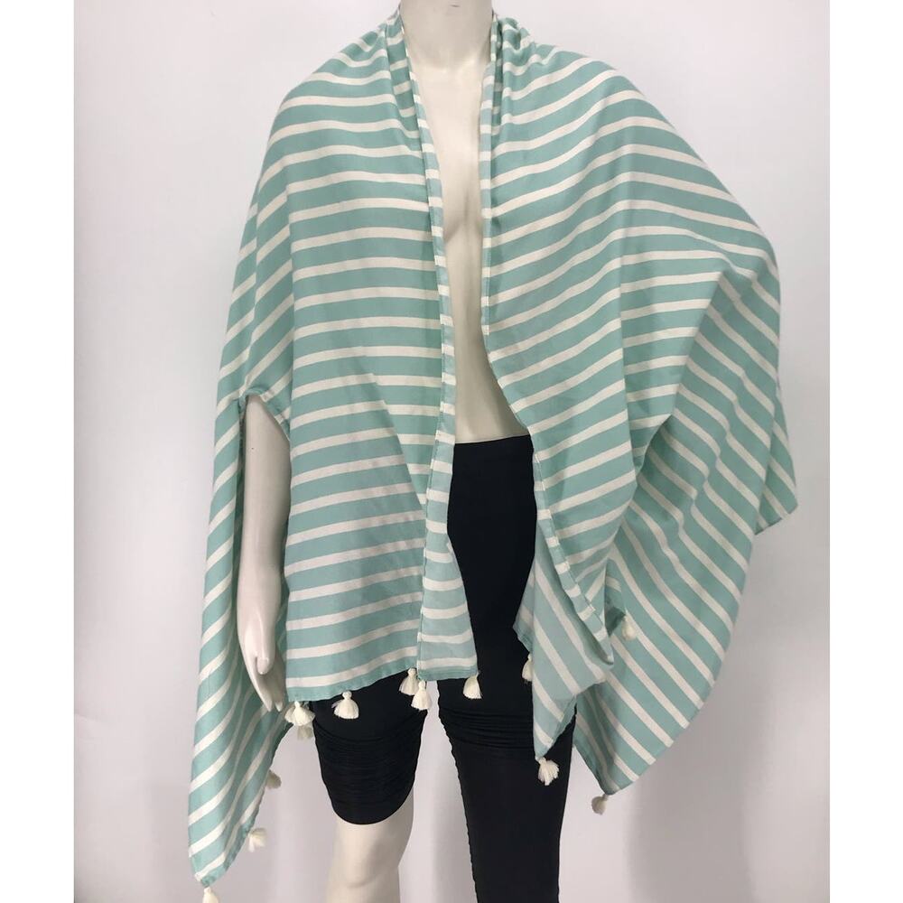 J. Crew Mint Green White Striped Tassel Fringe Scarf Cover Up Shawl
